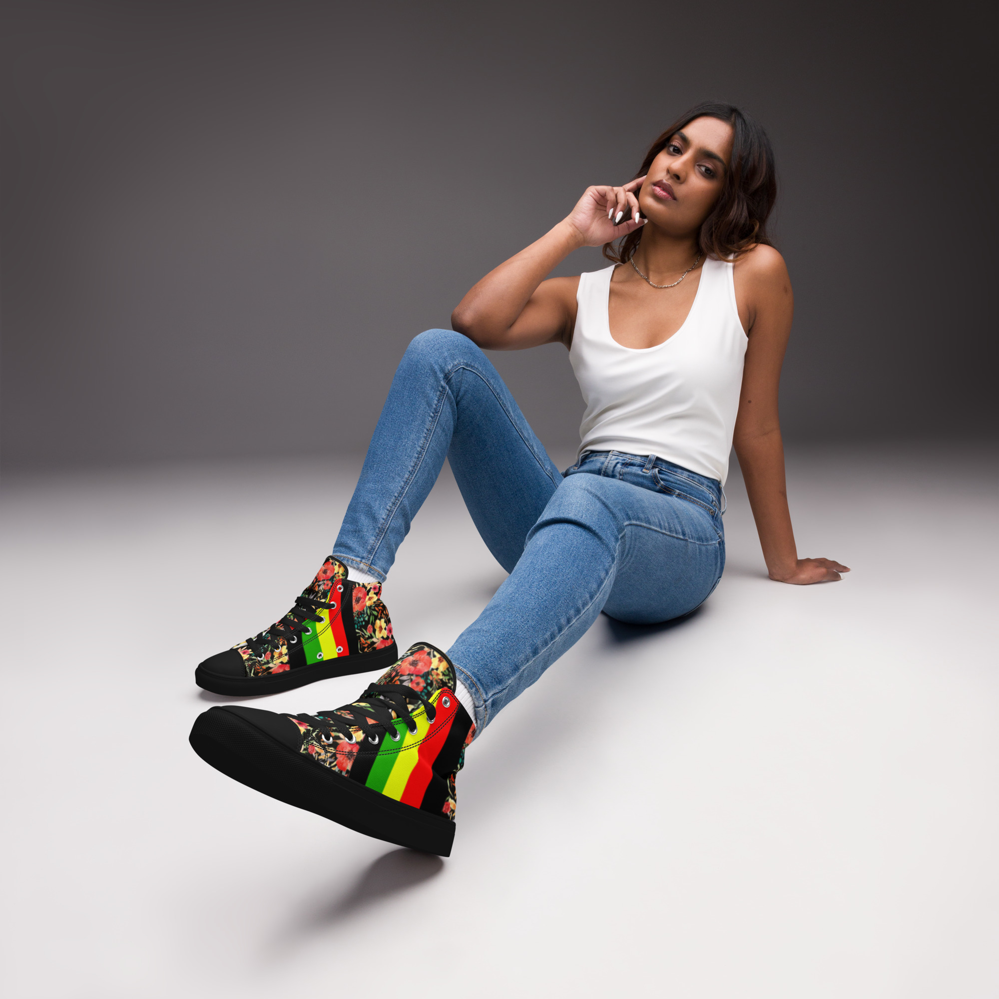 Fifth Degree™ High Top Canvas Shoes For Women Floral Print Rasta Color Reggae Rastafari Hippie Rastafarian - Image 2