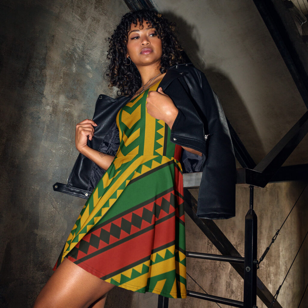 Fifth Degree™ Rasta Skater Dress – Reggae Festival Outfit with Green Gold Red Stripes | Women’s 420 Clothing